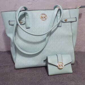 Michael Kors Mint Large Belted Tote w/Gold Accents Including Wallet